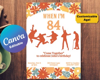 Editable Beatles Theme Birthday Party Invite Card Elderly Invitation First One Customizable Canva Template Invitation When I'm 64 Printable