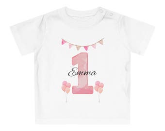 Kinderverjaardags T-shirt – 1e verjaardagsoutfit – Gepersonaliseerde naam en nummer 1 – Babyverjaardagscadeau – Eerste verjaardag meisje
