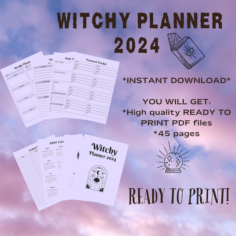 2024 Witchy Planner Printable Planner Moon Phases Calendar 2024 Daily