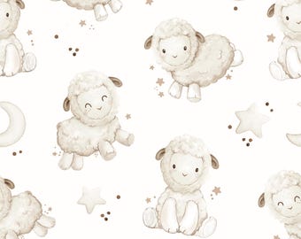 Cotton Sheep fabric at white Premium Quality , Modern Nursery, Premium Digital Print Cotton, for Baby Blanket, Clothes, material by the yard