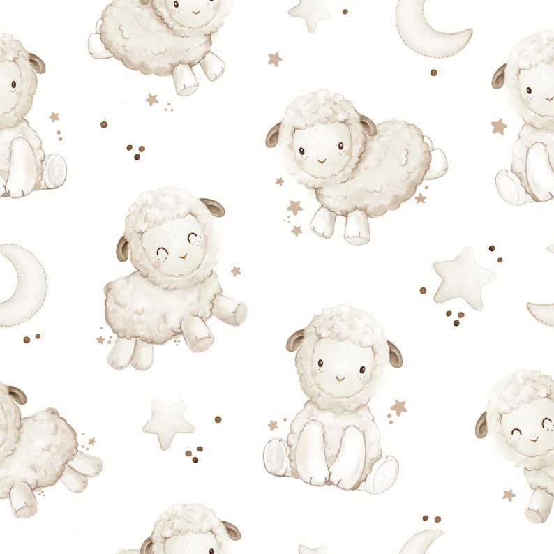 May include: A repeating pattern of adorable cartoon sheep in various poses, along with stars and crescent moons. The sheep are a soft beige color with smiling faces, set against a white background. The design has a whimsical, nursery theme.