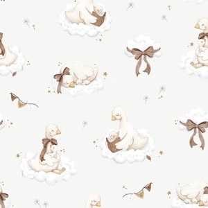 May include: A seamless pattern featuring watercolor illustrations of white geese and goslings resting on fluffy clouds. The design includes brown bows, small gold stars, dandelion seeds, and bunting flags scattered across a light cream background.