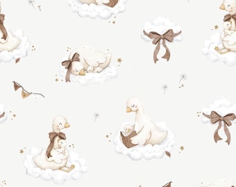 May include: A seamless pattern featuring watercolor illustrations of white geese and goslings resting on fluffy clouds. The design includes brown bows, small gold stars, dandelion seeds, and bunting flags scattered across a light cream background.