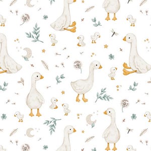 May include: A repeating pattern featuring watercolor illustrations of white geese, goslings, dandelions, stars, moons, and sprigs of greenery on a white background. The geese have yellow beaks and feet. The design is suitable for nursery decor.