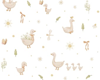 Cotton Goose fabric at white Premium Quality , Modern Nursery, Premium Digital Print Cotton, for Baby Blanket, Clothes, material by the yard