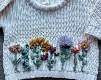 ORGANIC Hand Embroidered Baby Sweater Floral Chunky Knit Embroider Organic Sweater Newborn Baby Sweater Baby Shower Gift Wildflower Sweater