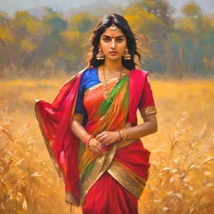 Indian woman | Indian Art | Indian woman in a field | Indian woman in Saree | Beautiful Indian Woman |Woman Canvas Wall Art