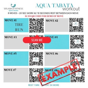 Könnte beinhalten: Aqua Tabata-Workout-Tabelle mit 8 Übungen, jede mit einer Arbeitszeit von 20 Sekunden und einer Ruhephase von 10 Sekunden. Jede Übung hat einen QR-Code, den man für eine Demo scannen kann. Die Tabelle hat ein blaues und graues Farbschema.