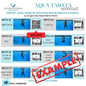 Könnte beinhalten: Aqua Tabata Workout-Poster mit 8 Übungen, jede mit einem QR-Code für ein Demo-Video. Die Übungen umfassen Reifenlauf, T-Jack, Ski, Tuck Hops, Tuck & Twist, Shoot Thru, Grounded Figure 8 und Knee Run. Das Poster enthält auch den Text "Bleiben Sie hydriert" und "Ruhe 1 min - Wiederholen Sie 3x mehr".