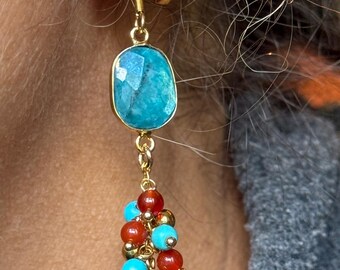 Turquoise Howlite & Red Coral Gemstone Cluster Earrings, Boho Dangle