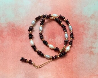 Garnet and Freshwater Pearl Necklace, Gold-Plated Stainless Steel Beaded Boho Necklace