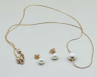 Floating Pearl Necklace and Studs, 14K Goldfilled Jewelry Set