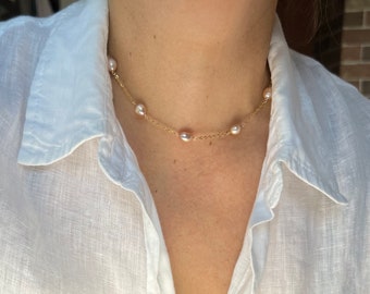 Peach Pearl Necklace, Gold Plated Stainless Steel Chain, Dainty Choker
