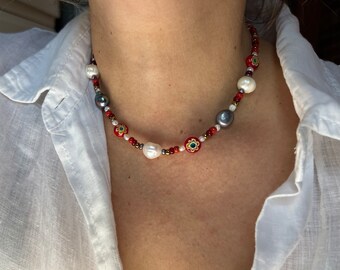 Handmade Millefiori Beaded Necklace, Baroque Pearl Jewelry