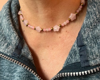 Gemstone Beaded Choker Necklace, Rose Quartz, Coral, Jade, Aventurine