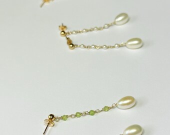 Gold-Filled Pearl & Peridot Drop Earrings | 5cm Dangle Earrings | Handmade Elegant Jewelry