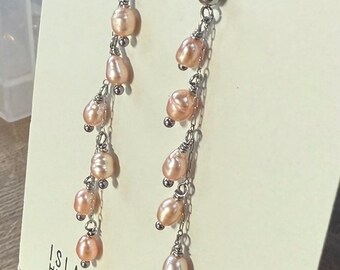 Peach Freshwater Pearl Drop Earrings, bohochic  Handmade silver studs bridesmaid gift for her bridal