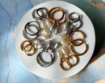 Freshwater Pearl Hoop Earrings, Goldplated Stainless Steel, Hypoallergenic