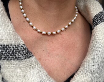 Freshwater Pearl and Gold Hematite Beaded Necklace, Gold Filled Choker