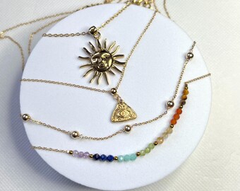 Gold Evil Eye Sun 7 Chakras Necklace, Boho Protection Jewelry