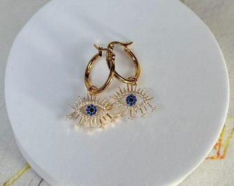 Evil Eye Sparkle Hoop Earrings — 18K Gold-Plated with CZ Charm. Protective, Mindful,  Elegant. Everyday glam.