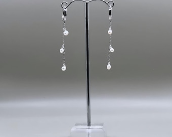 Dangling Pearl Drop Earrings, Rhodium Plated Hoops, Hypoallergenic