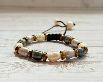 Freshwater pearls and gold hematite handmade boho adjustable bracelet