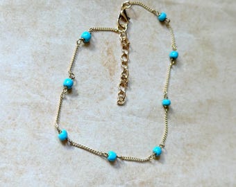 Boho turquoise gold seedbeads beaded ankle bracelet. Handcrafted gift for her
