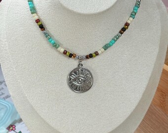 Handmade Stainless Steel Evil Eye Necklace – Boho Seed Bead Choker