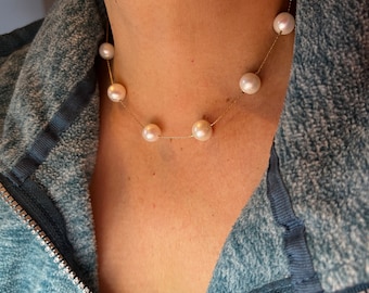 Baroque Pearl Necklace, 14k Gold Filled Chain, Floating Pearl Choker