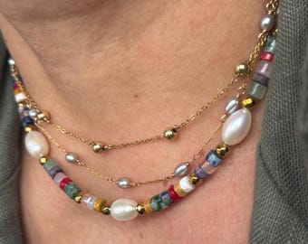 Gemstone & Pearl Beaded Necklace – Handmade Stainless Steel Jewelry