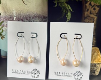 Floating Pearl Earrings, Sterling Silver Threader Hoops, Freshwater Pearl Dangles
