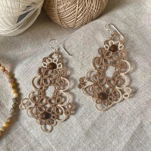 Cream and Light Brown Cotton, Hand-Tatted Frivolité with Wooden Beads, Boho Style, Handmade Gift for Her, Lightweight and Nature-Inspired.
