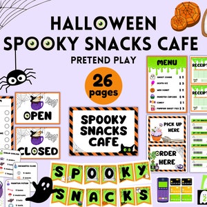 May include: A printable Halloween Spooky Snacks Cafe pretend play set with 26 pages. The set includes an order form, menu, receipt, open and closed signs, a spooky snacks cafe sign, a banner, a cash register, and other props. The set is decorated with black, orange, green, and purple colors.