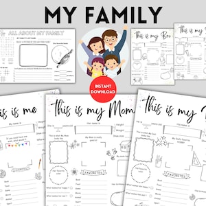 Atividade para colorir da minha família para imprimir para crianças | Planilha para pré-escola sobre tudo sobre mim | Jogo americano com tema de família para educação domiciliar | Cartões de memória