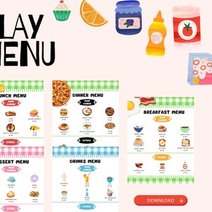 Menu de restaurante para crianças, menu de cozinha para crianças, chef de brincadeira para crianças, jogo dramático para crianças, formulários de restaurante