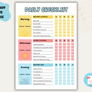 Kids Daily School Checklist Schedule Printable, Chore Chart, Daily Routine Responsibility Chart, Homeschool Planner To Do List