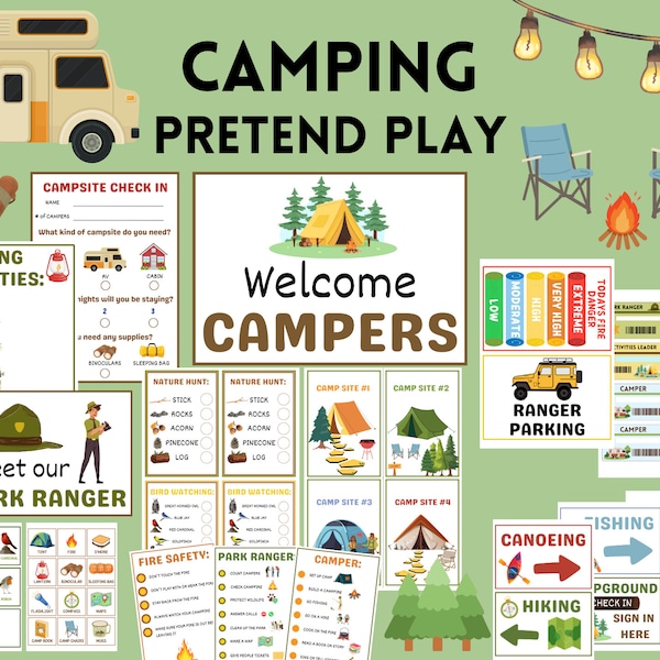 Camping Pretend Play Printable for kids, Summer activities, Camp games, toddler activities, preschool activities, Dramatic play