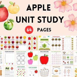 Puede incluir: Un conjunto de 64 hojas de trabajo educativas con temática de manzanas, imprimibles para niños. Las hojas de trabajo incluyen actividades como contar manzanas, ordenar letras y aprender sobre el ciclo de vida de una manzana. Las hojas de trabajo están ilustradas con dibujos coloridos de manzanas y manzanos.
