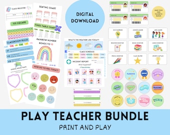 May include: A printable set of educational resources for teachers, including classroom rules, seating charts, a 100 square, a times table chart, a rainbow number bonds to 10 chart, a weather chart, a class schedule, an incident report, a how do you feel today chart, school house team badges, teacher ID badges, and reward stickers. The set is titled "Play Teacher Bundle: Print and Play".