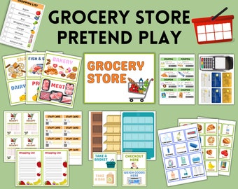 May include: A printable set of play grocery store items, including a shopping list, coupons, receipts, staff cards, a grocery store sign, and shelves. The set is designed for pretend play and features colorful illustrations.