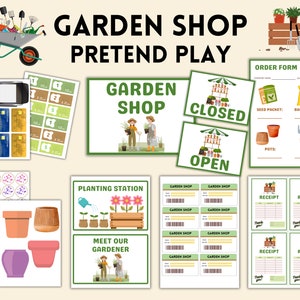 May include: A printable set of pretend play props for a garden shop, including signs, receipts, price tags, and play money. The set features illustrations of gardening tools, plants, and a gardener.