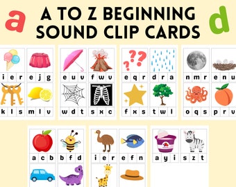 May include: A set of colourful flashcards with pictures and letters to help children learn beginning sounds. The cards feature images such as an ice cream cone, a key, a spider web, a star, an octopus, an apple, a bee, an emu, a fish, a yogurt container, and a zebra.