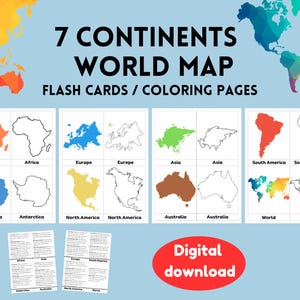 Tarjetas de tres partes Montessori de los 7 continentes / Tarjetas con el mapa del mundo y la nomenclatura de los continentes / Tarjetas didácticas y páginas para colorear para el aprendizaje en el hogar
