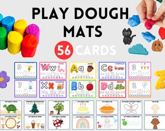 May include: A set of 56 colorful play dough mats featuring letters, numbers, and fun themes like making a turtle, a pizza, and a caterpillar. The mats are designed to help children learn and play.