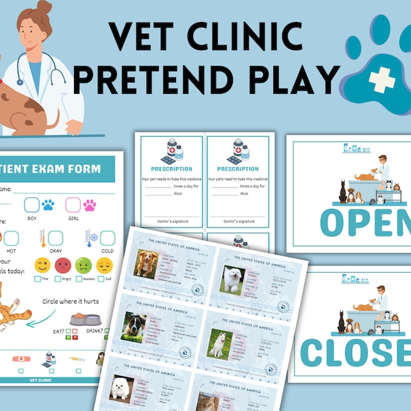 Vet Clinic Pretend Play Printable, Vet Dramatic Play Printable, kids activities, toddler pretend play, preschool activities, kindergarten