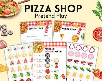 May include: A printable pizza shop pretend play set with colorful illustrations of pizza toppings, a pizza order form, and a pizza order receipt. The set includes instructions for making a veggie pizza.