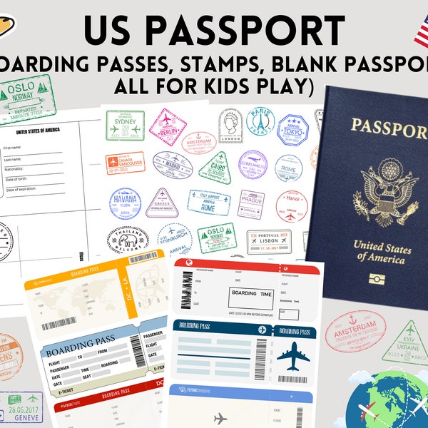 Pretend Play Travel, Printable US Passport for Kids, Boarding Pass Templates, US Passport Template, Stamps, Paper Game, Instant Download