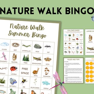 Zomer natuurwandeling bingokaarten afdrukbaar spel, bingospel verjaardagsfeestje kamp, vakantiebingo-activiteit voor kinderen, zomerkampspel