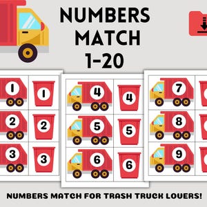 Puede incluir: Un conjunto de tarjetas de juego imprimibles que presentan camiones de basura rojos y amarillos con los números del 1 al 20. Las tarjetas están diseñadas para que los niños aprendan los números y hagan coincidir los números correspondientes en los cubos de basura.